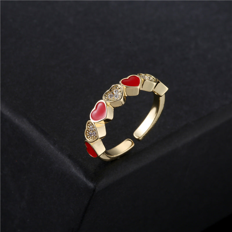 Drip Oil Heart Shaped Brass Ring with Micro-Inlaid Cubic Zirconia for Women