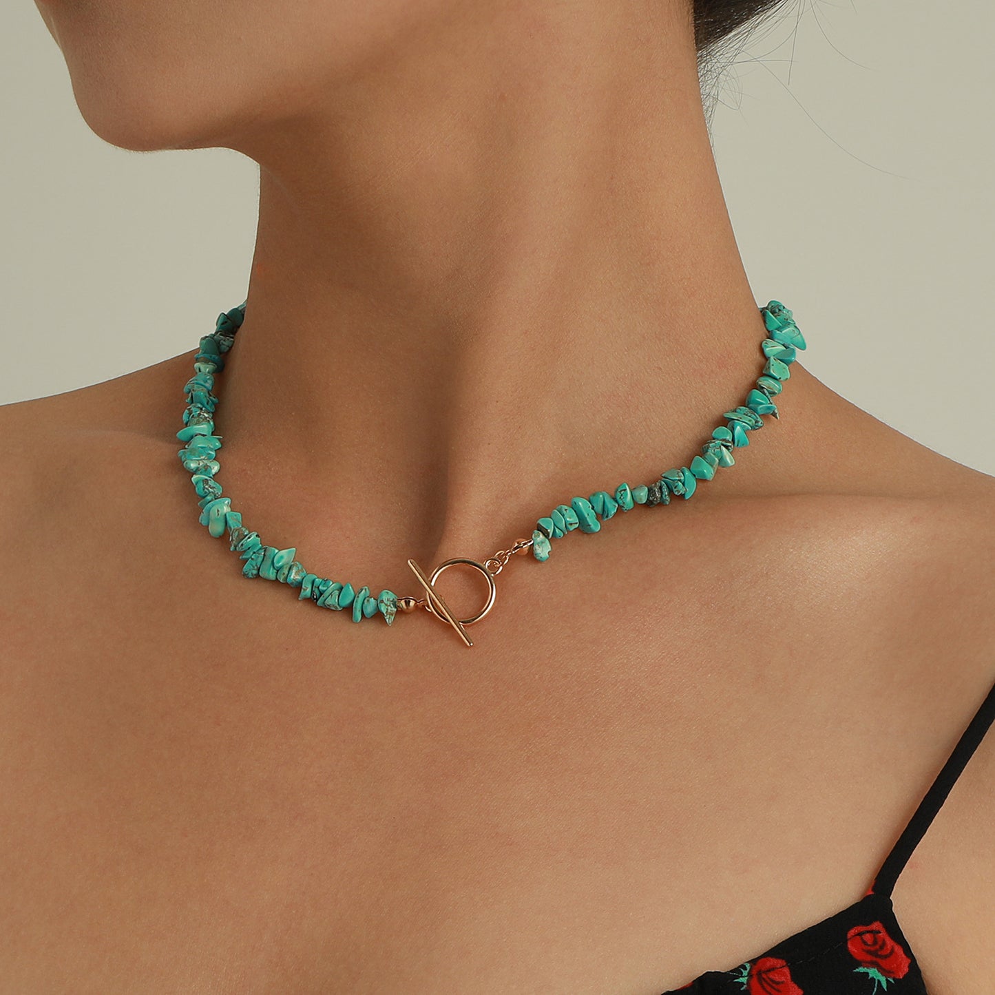 Minimalist Geometric Alloy Necklace with Mother-of-Pearl Pendant and Turquoise Accents, Electroplated Finish