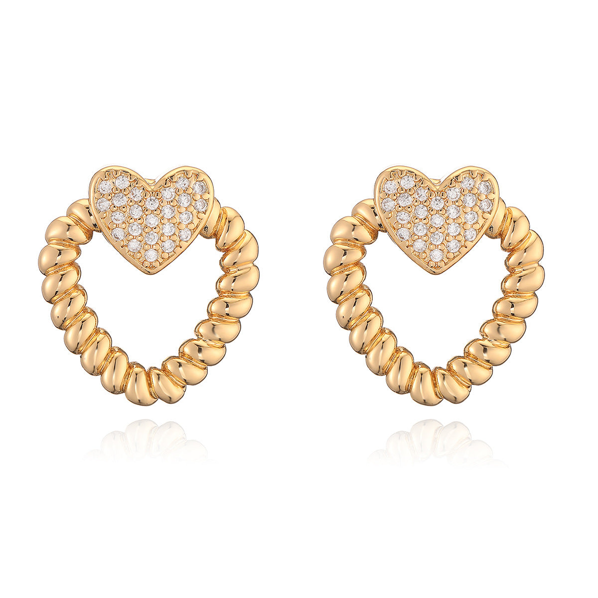 Pendientes de Cobre Minimalistas en Forma de Corazón Hueco con Baño de Oro e Incrustaciones de Circones para Mujer