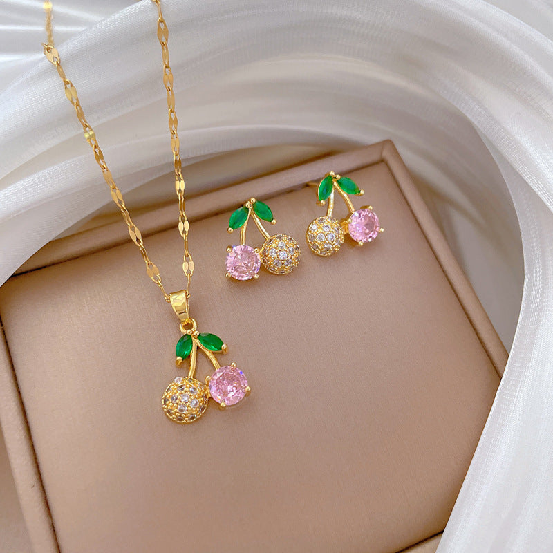 Cartoon Style Cherry Pink Rhinestone Micro-Pave Gold-Plated Titanium Steel Necklace Set with Matching Earrings for Women