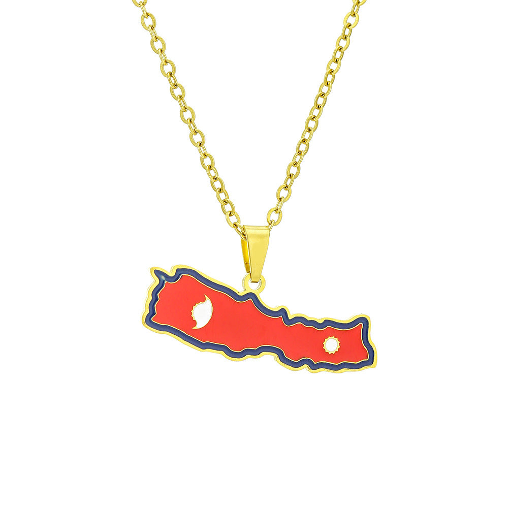 Collar con Colgante de Mapa Geométrico Vintage de Nepal en Acero Inoxidable con Acabado Esmaltado y Cadena de Eslabones para Unisex