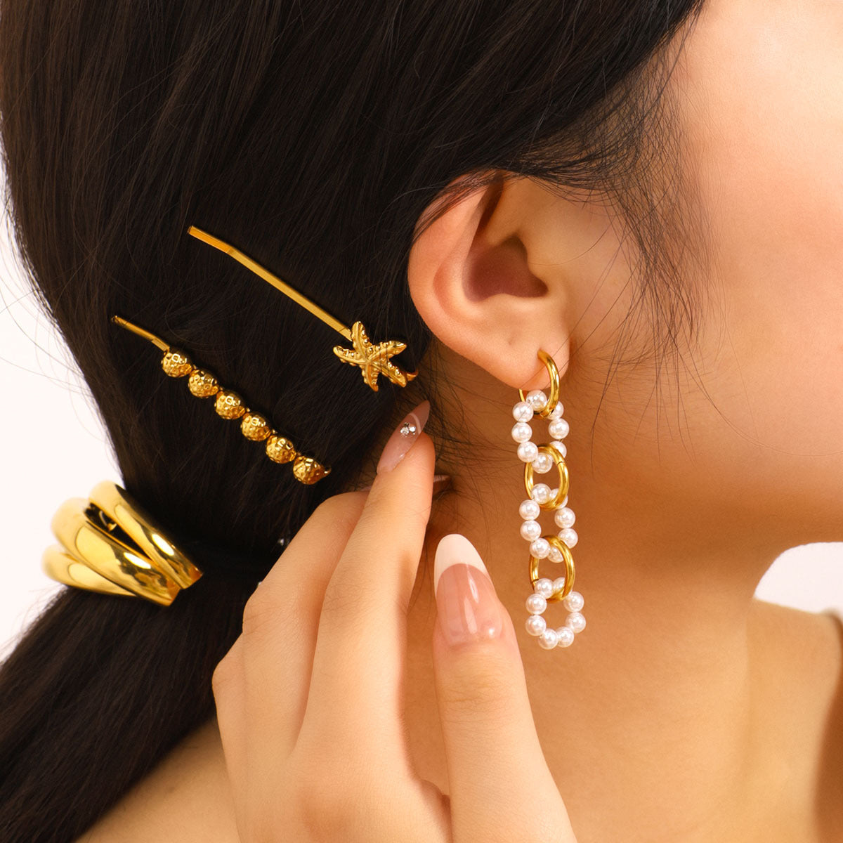 Minimalist Geometric Stainless Steel Earrings with Pearl Accents for Women, Vacuum Plated in 18K Gold Finish