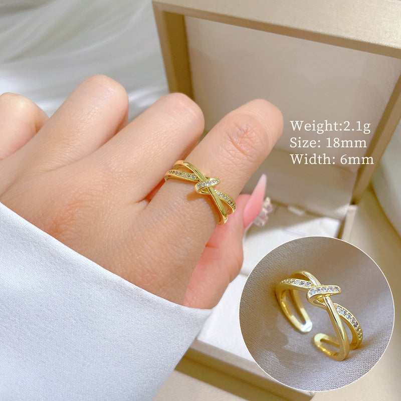 Minimalist Geometric Gold-Plated Brass Open Ring for Women with Crown Shape and Rhinestone Inlay