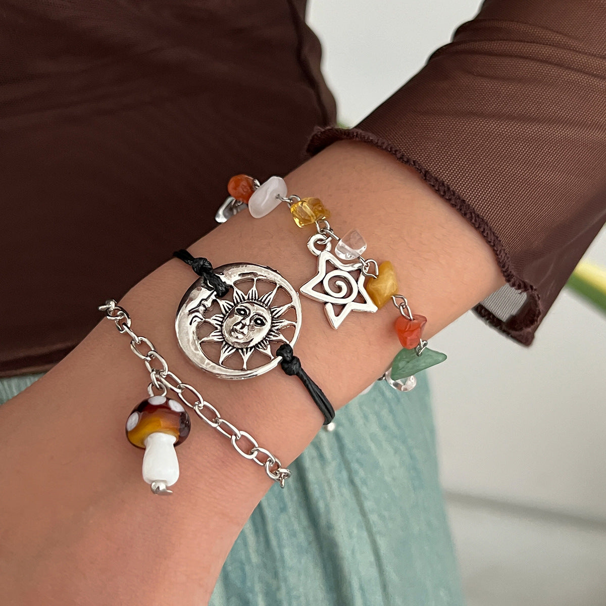 Vintage Ethnic Star-Shaped Alloy Bracelet for Women with Butterfly Mushroom and Botanical Motifs Natural Sun and Star Accents Handmade
