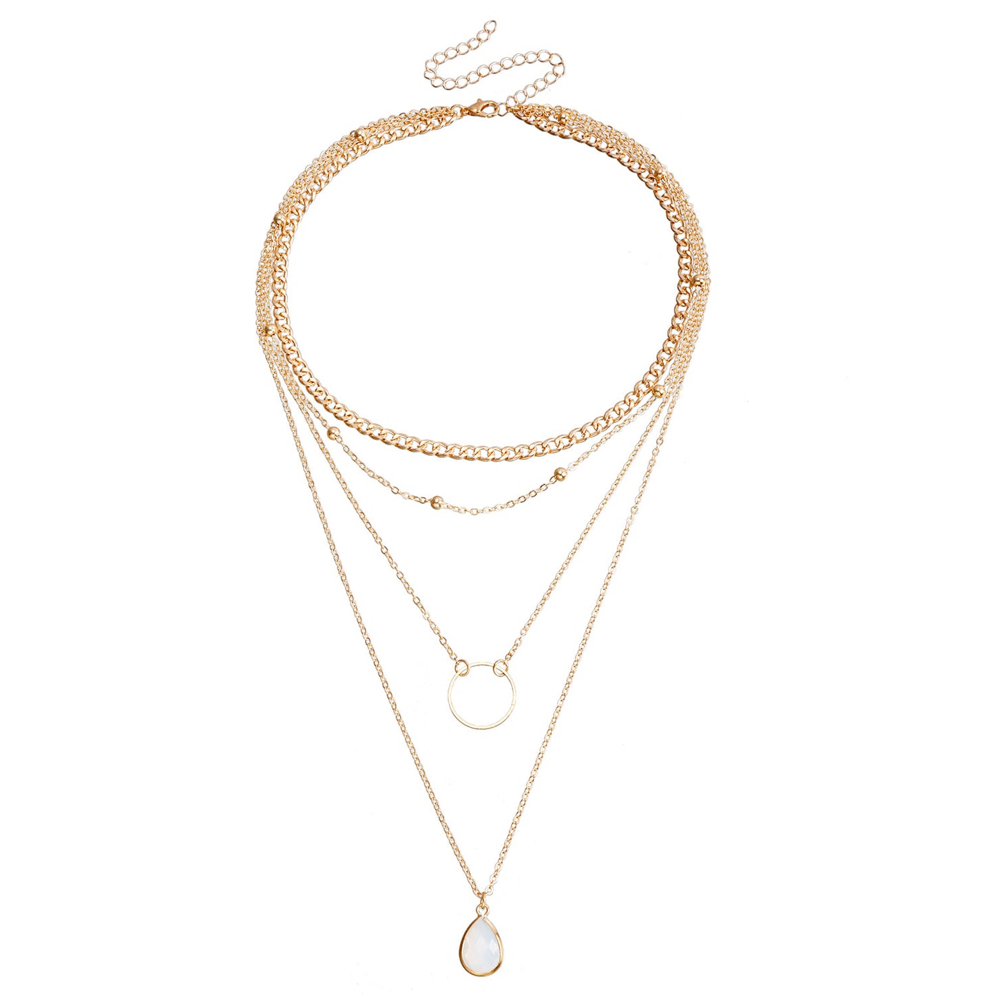 Fashion Multi-Layer Waterdrop-Shaped Geometric Pendant Necklace Set with Electroplated Metal Chains for Women