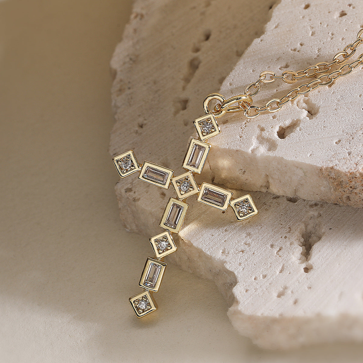 Minimalist 18K Gold Plated Brass Cross Pendant Necklace with Cubic Zirconia for Women