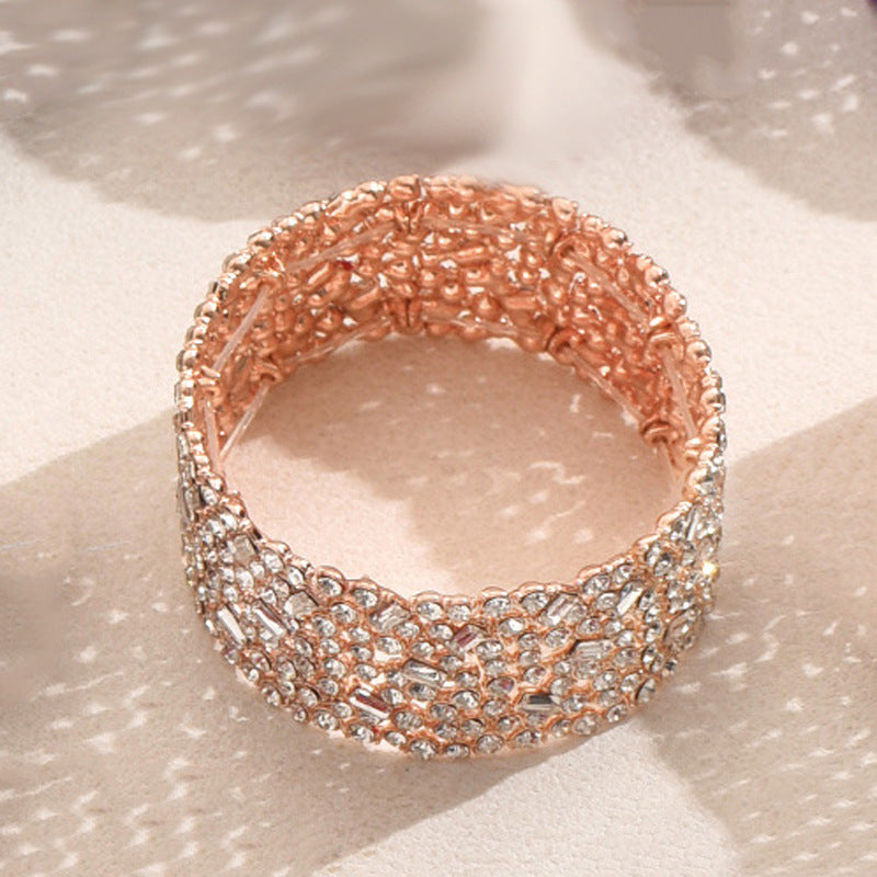 Set di bracciali da donna in lega di zinco con intarsi in strass, stile geometrico minimalista e polsino ampio