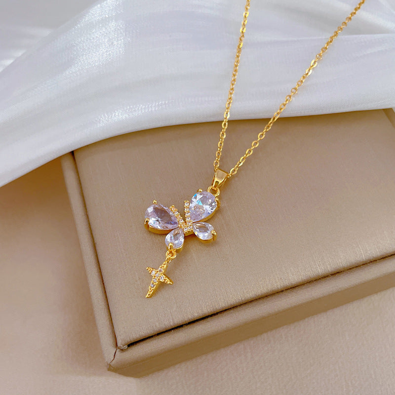 Minimalist Butterfly Pendant Necklace in Titanium Steel with Rhinestone Inlay for Women and Men