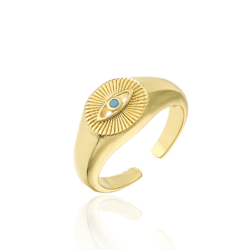 Geometric Eye-Shaped Open Ring for Women in Copper with 18K Gold Plating and Zircon Inlay