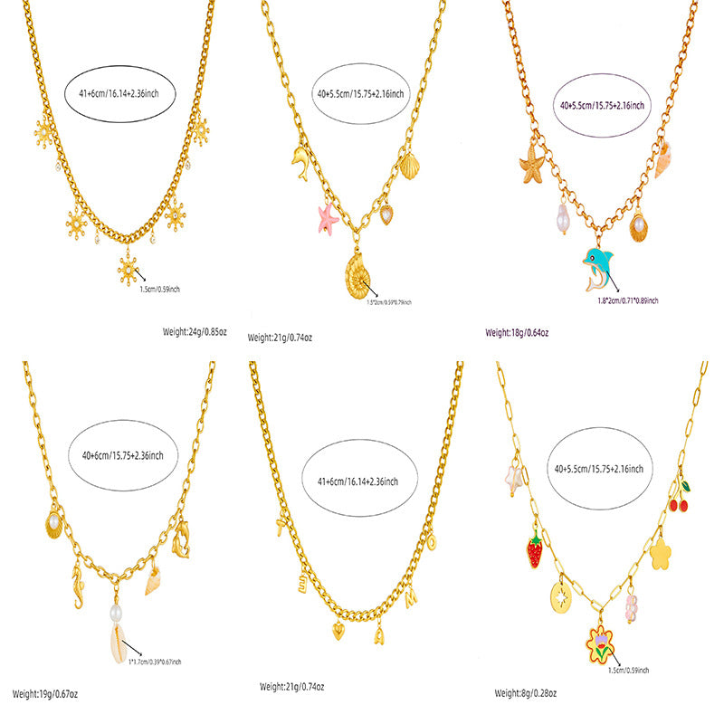 Personality Drip Oil Stainless Steel Dolphin Starfish Pearl Shell Necklace with Thick Chain for Women