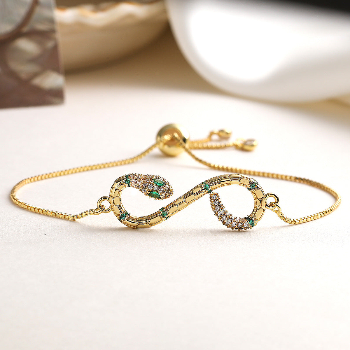 Vintage Luxury 18K Gold Plated Brass Snake Chain Bracelet with Cubic Zirconia for Women