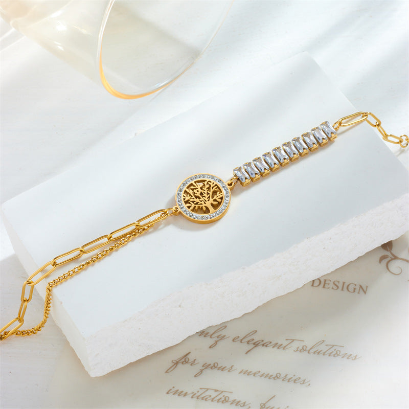 Bracciale in acciaio inossidabile con ciondolo tondo irregolare albero della vita di ispirazione vintage e cristalli pavé