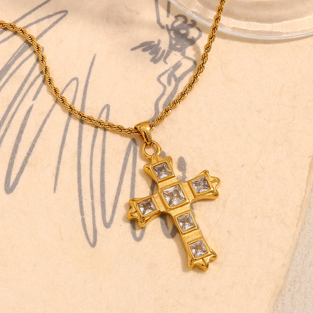 Fashionable Minimalist Cross Pendant Necklace for Women Stainless Steel with 18K Gold Plating and Zircon Inlay