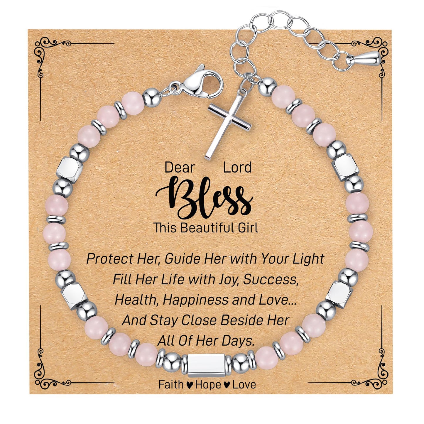 Minimalist Stainless Steel Square Bead Cross Pendant Turquoise Crystal Adjustable Bracelet