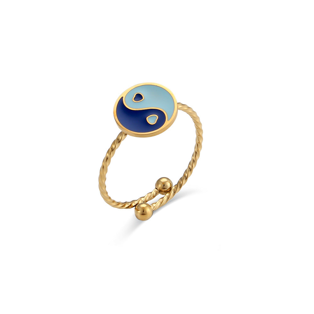Minimalist Geometric Stainless Steel Adjustable Circle Bagua Ring with 18K Gold Plating for Women