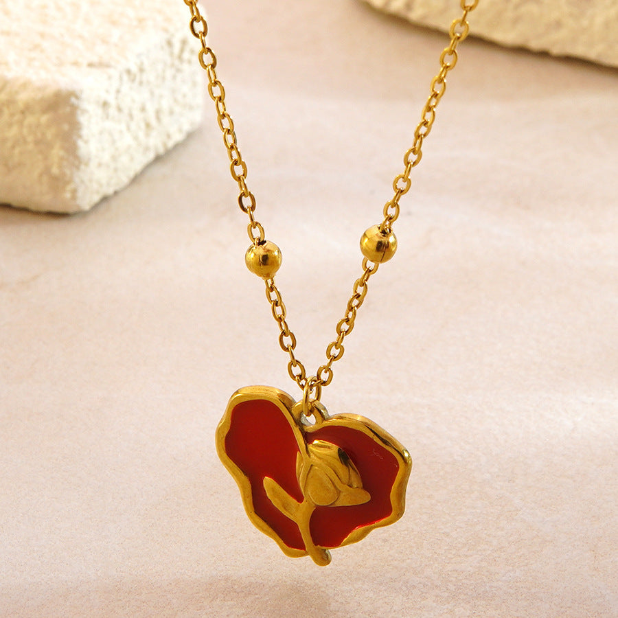 Vintage Sweet Heart Floral Drip Oil Plated Stainless Steel Necklace