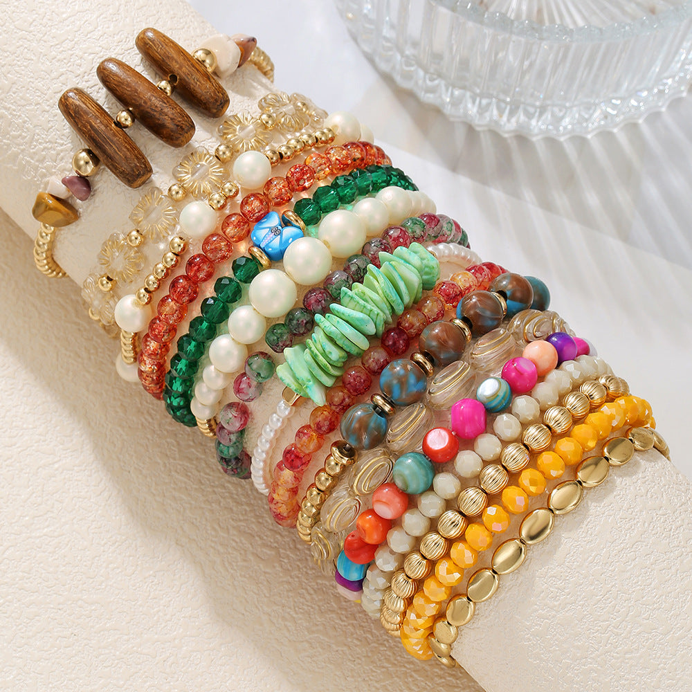 Fashion Geometric Round Coconut Shell Imitation Pearl Crystal Stone Handmade Bracelet