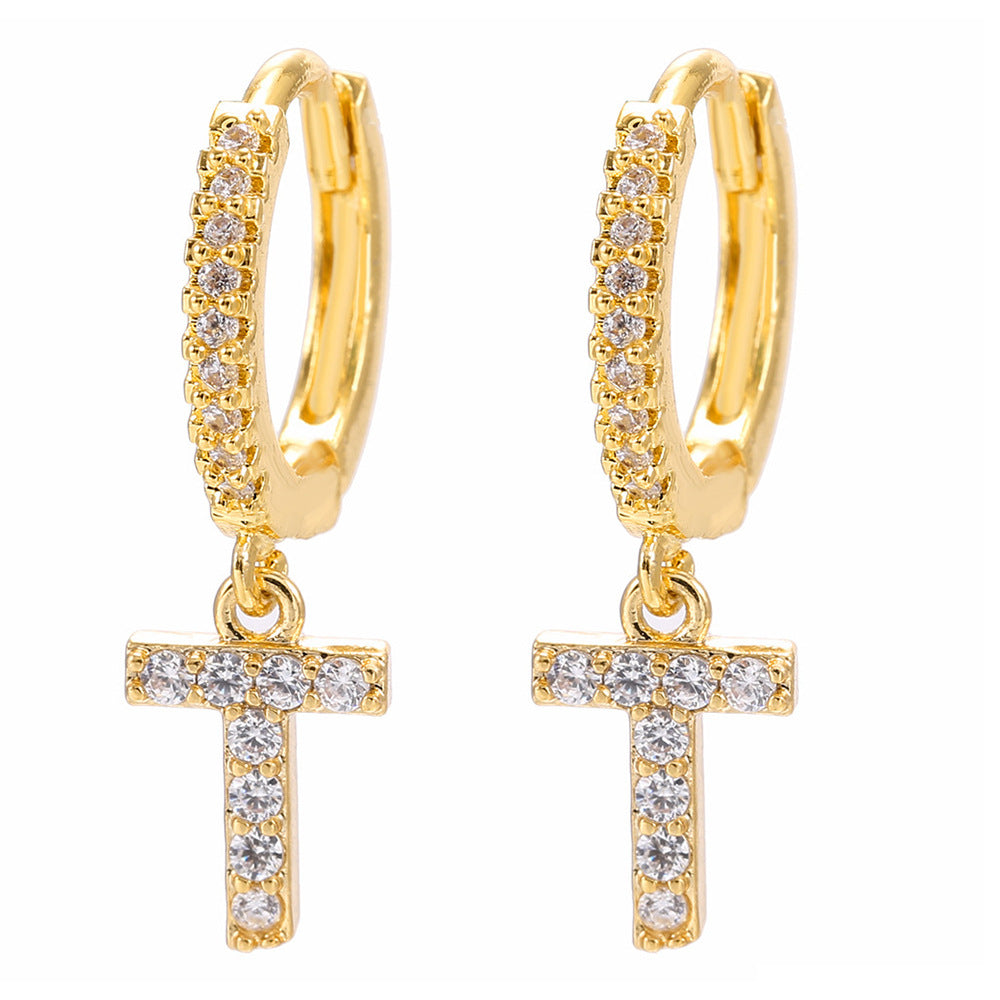 Elegant Gold Plated Letter Cubic Zirconia Inlay Brass Earrings