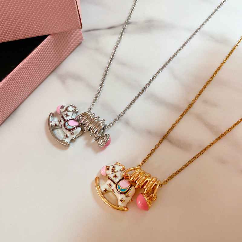 Casual Drip Oil Plated Titanium Steel Animal Carousel Necklace for Unisex