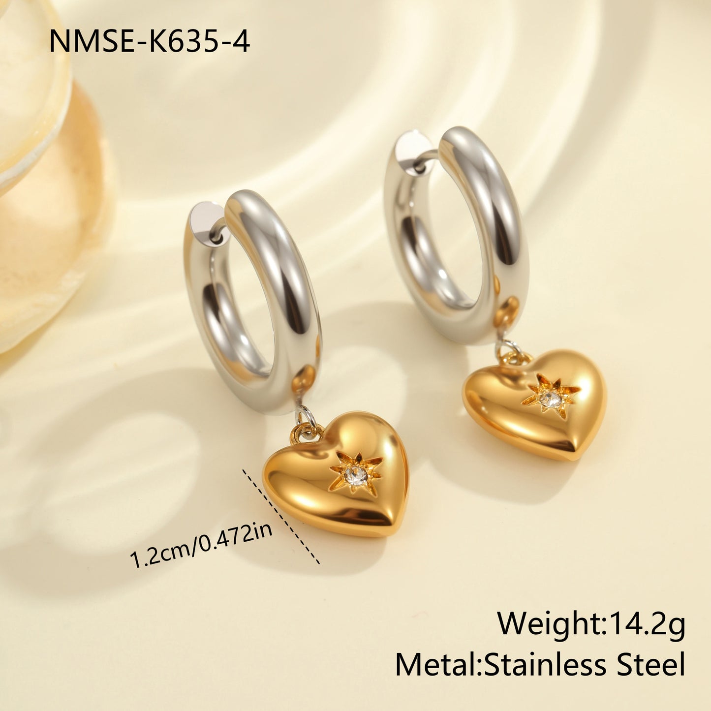 Fashionable Heart and Star Shaped Stainless Steel Earrings with 18K Gold and Silver Plating for Women