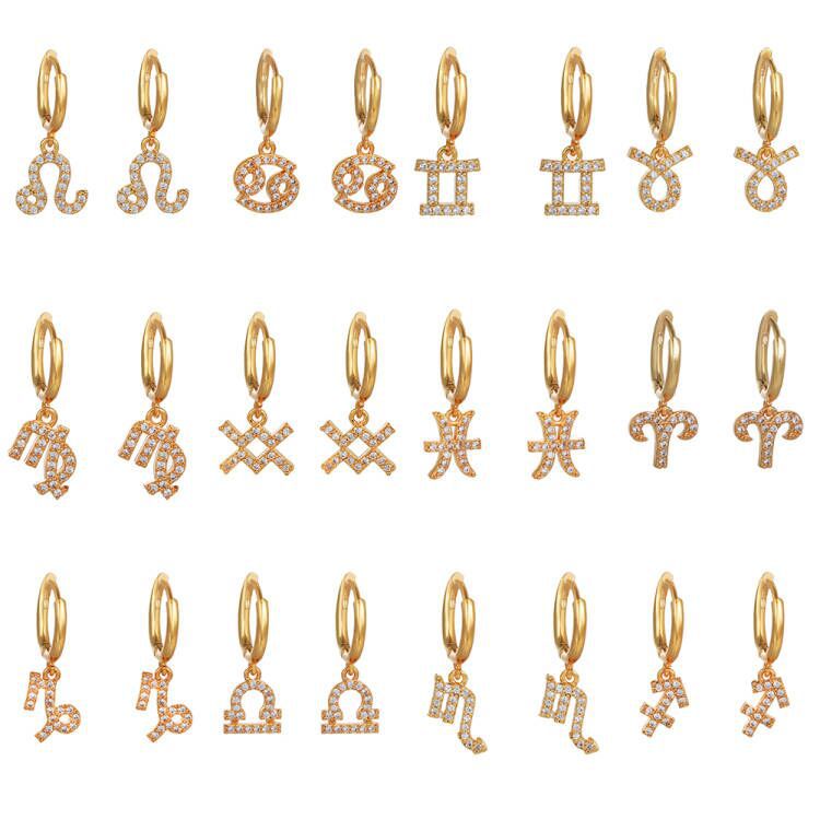 Micro-Inlaid Cubic Zirconia Brass Zodiac Earrings
