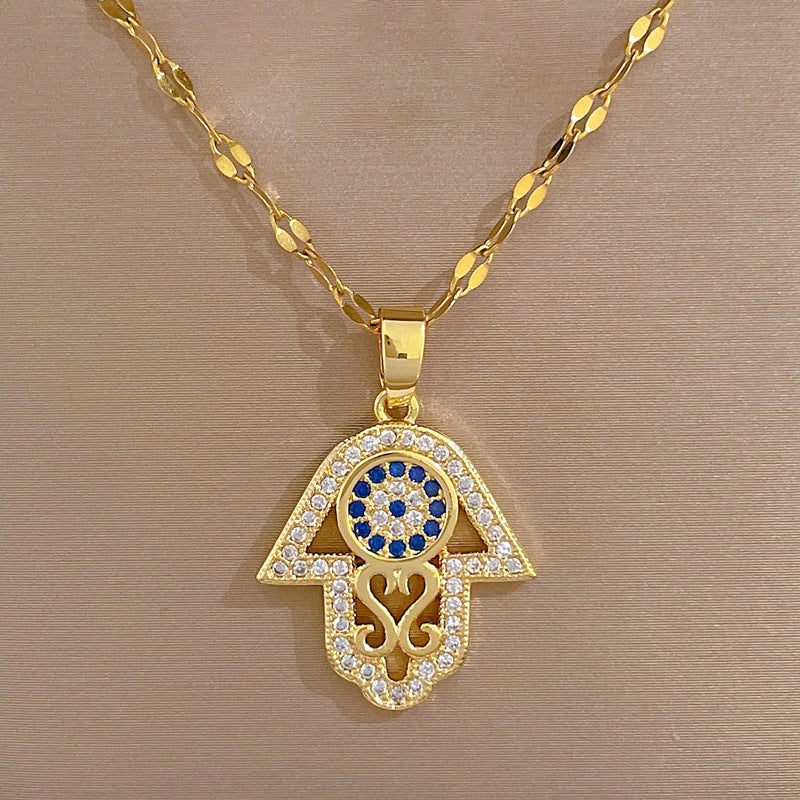 Collana Pendente Minimalista Mano con Occhio in Acciaio Inossidabile con Finitura Placcata da Donna
