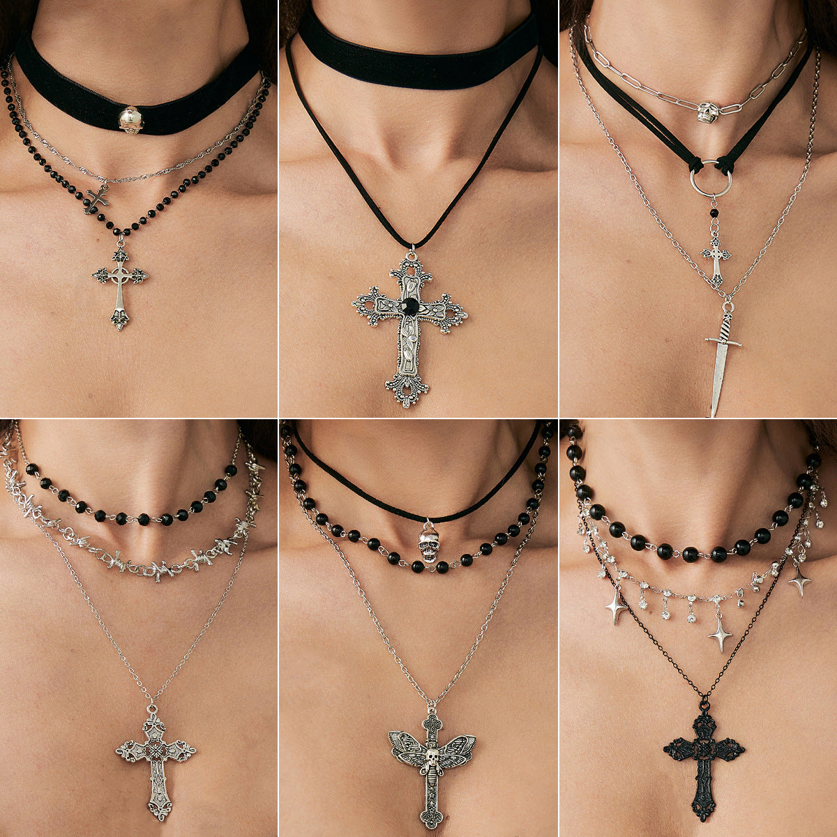 Collana a ciondolo croce gotica post-apocalittica da donna con finitura placcata in lega di zinco a forma di stella geometrica, gioielli Y2K per layering di tendenza