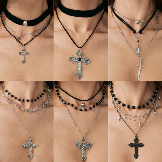 Collar con colgante de cruz gótica posapocalíptica para mujer con forma de estrella geométrica de aleación de zinc chapada, joyas de superposición atrevidas Y2K