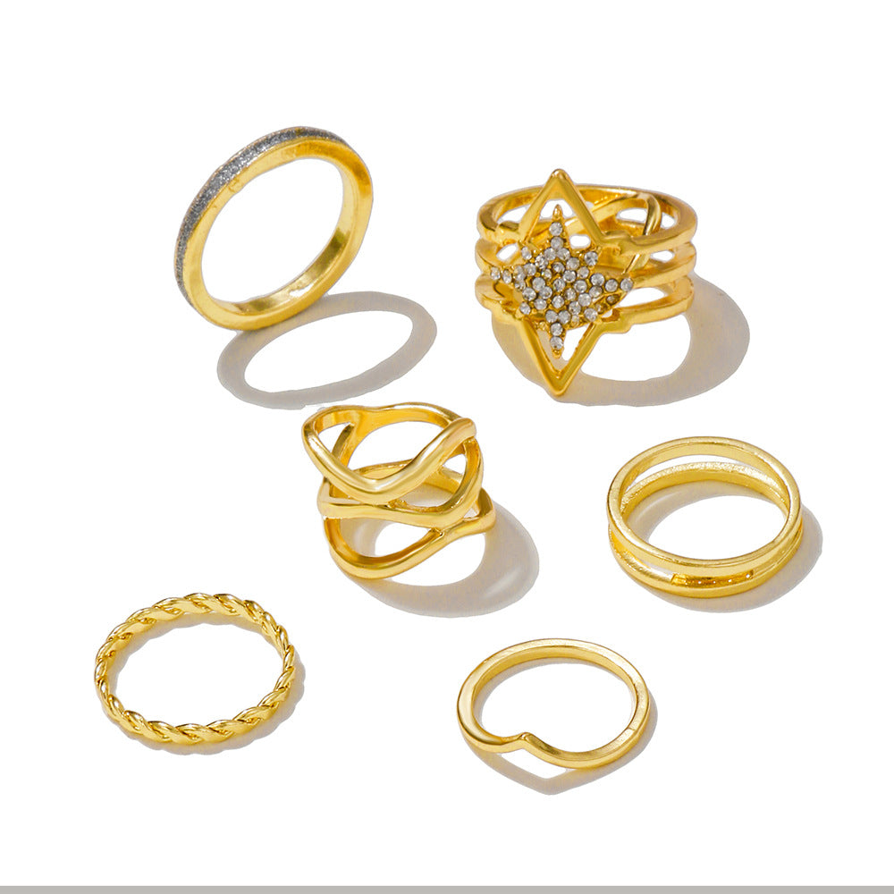 Vintage Geometric Round Rhinestone Inlay Plated Alloy Ring Set for Women