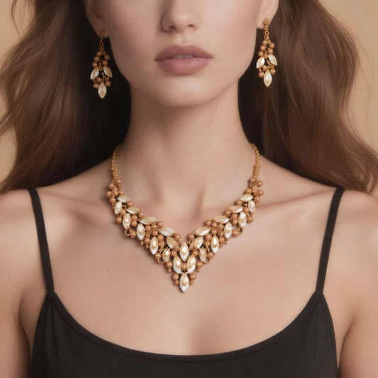 Elegante conjunto de collar y pendientes de aleación con colgante de corazón, lágrima y campana, motivos de trigo y hojas, acabado chapado para mujer