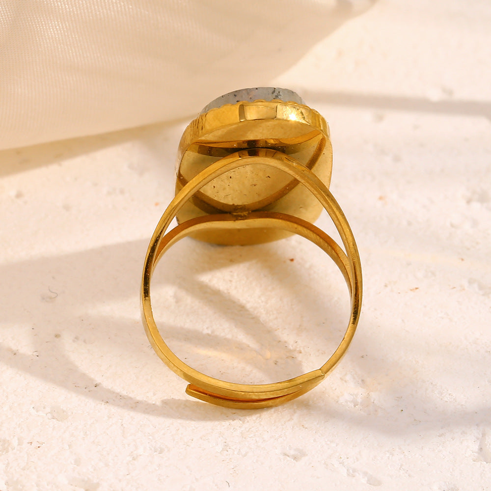 Fashionable Oval White Jade Open Ring in Stainless Steel with 18K Gold Plating for Women