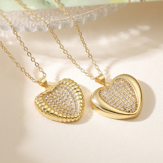 Minimalist Vintage 18K Gold Plated Brass Heart Necklace with Cubic Zirconia for Women