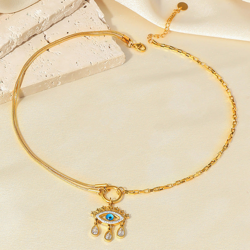 Streetwear Stainless Steel Plated Star Teardrop Pendant with Rhinestone and Tassel Snake Chain Necklace for Women
