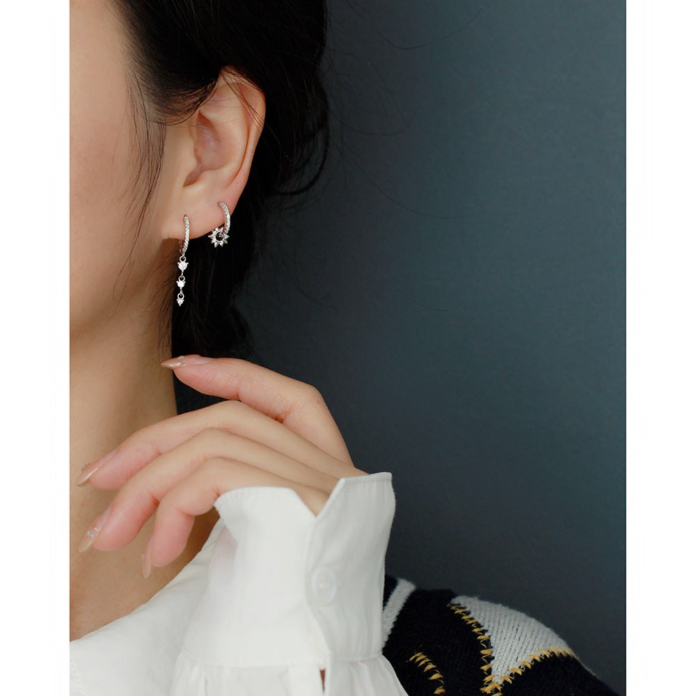 Elegant Minimalist 925 Sterling Silver Star Hoop Earrings with Rhinestone Inlay Rotating Design