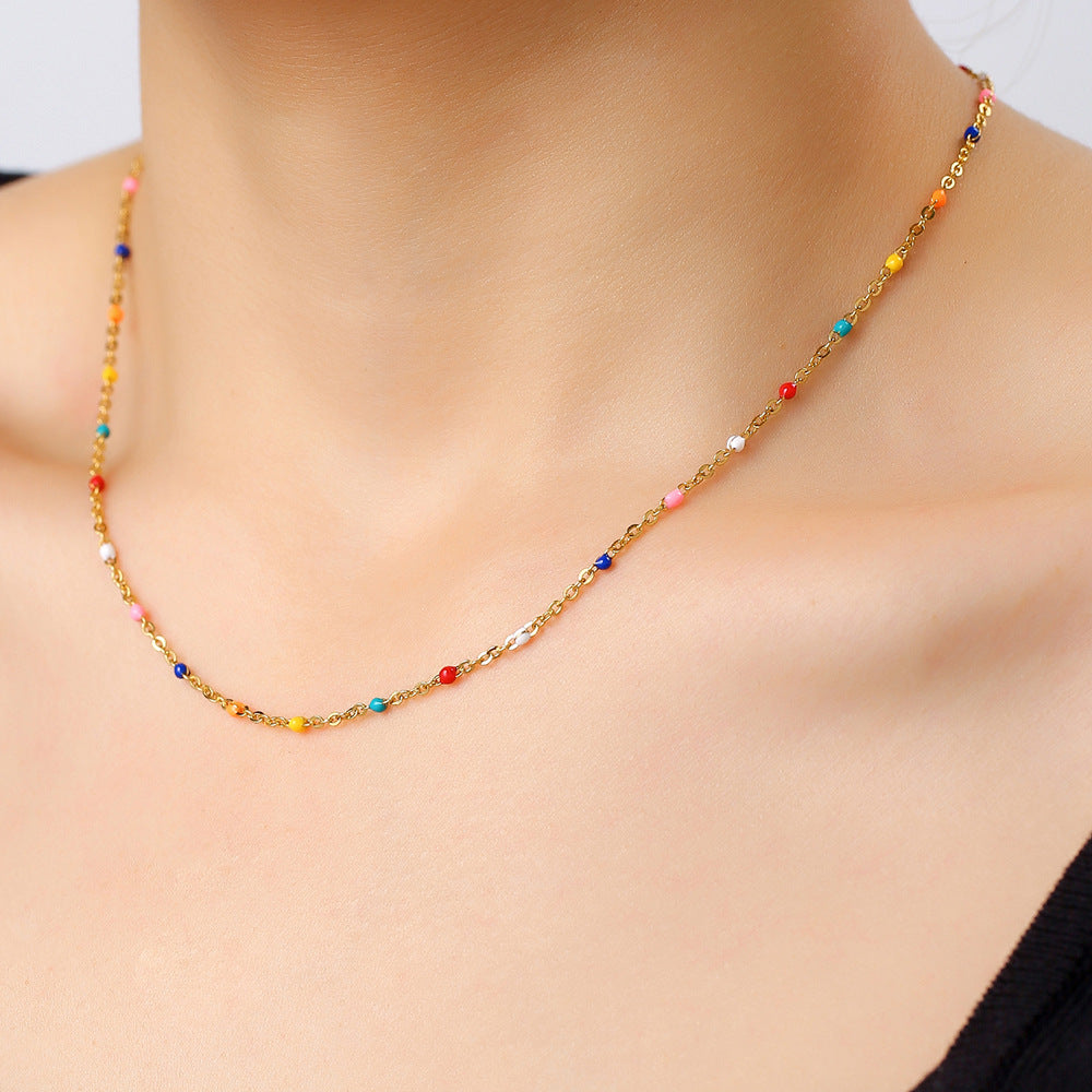 Bohemian Drip Oil Round Geometric Stainless Steel Ball Chain Necklace for Women