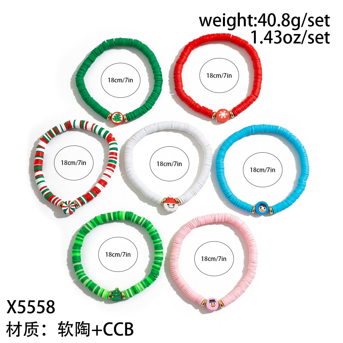 Conjunto de Pulseras de Arcilla Polimérica Hechas a Mano Estilo Dibujo Animado de Navidad con Cuentas de Letras de Muñeco de Nieve, Corazones, Estrellas y Formas Geométricas para Mujer