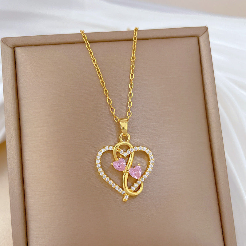 Sweet Minimalist Heart Geometric Rhinestone Pendant Titanium Steel Necklace for Unisex