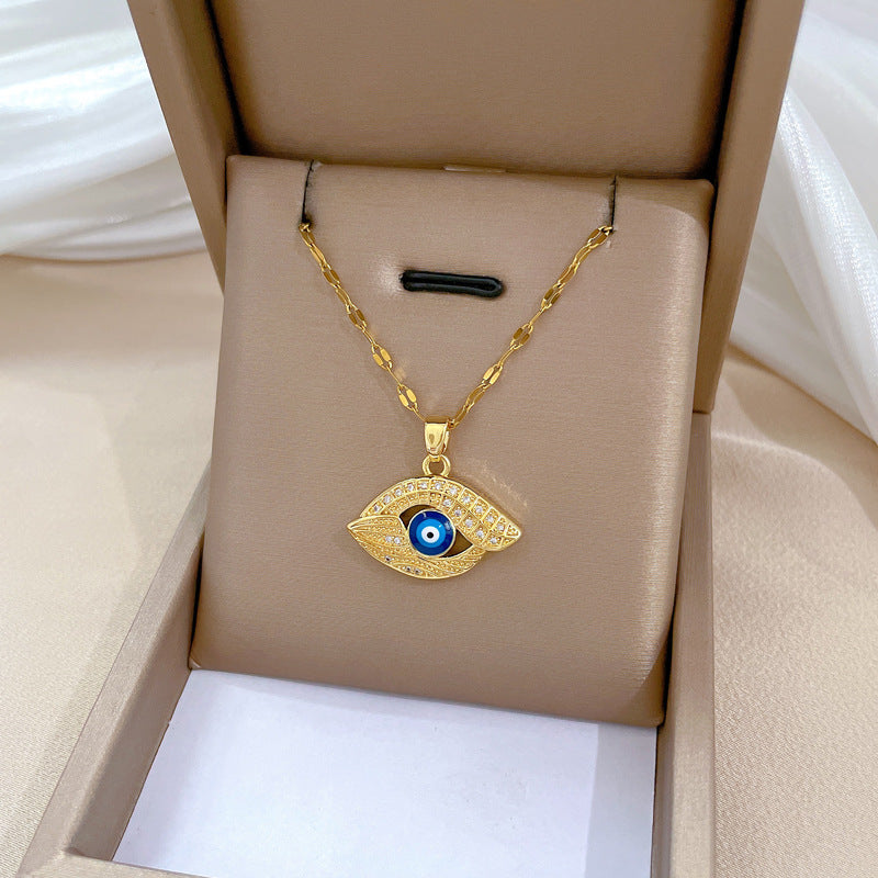Collana Pendente Minimalista Geometrica a Occhio di Allah per Donna e Uomo in Acciaio al Titanio con Intarsio di Strass e Delicata Catena a Serpente