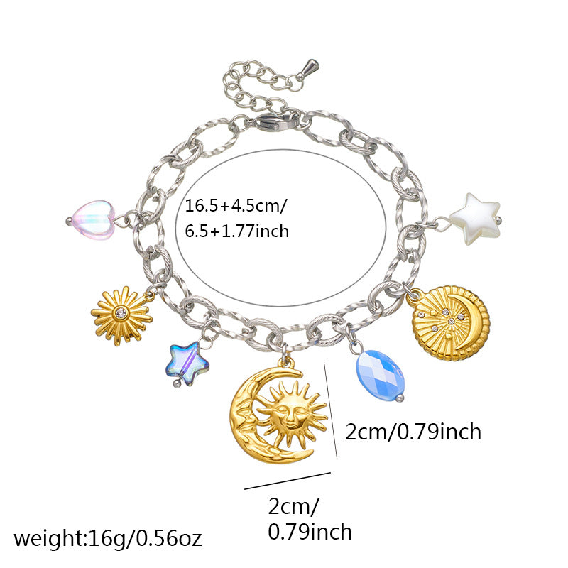 Fashion Elegant Drip Oil Plated Stainless Steel Bracelet with Tulip Moon Star Heart Floral Geometric Charms for Women