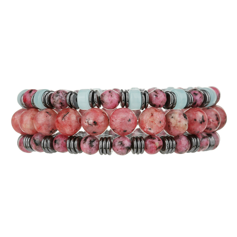 Fashion Round Wood and Hematite Beaded Stretch Bracelet with Zebra Print Pattern for Men and Women