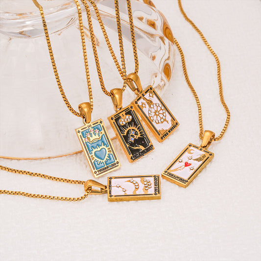 Vintage Fashion Stainless Steel Tarot Card Pendant Necklace with Rhinestone Inlay and Enamel Finish Rectangular Geometric Pendant on Box Chain for Women