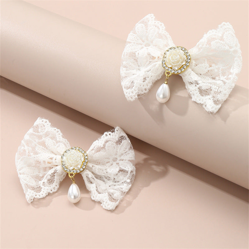 Set di Fermagli per Capelli con Pendente a Goccia in Pizzo e Rosa a Forma di Fiocco Carino per Bambini con Materiale in Tessuto