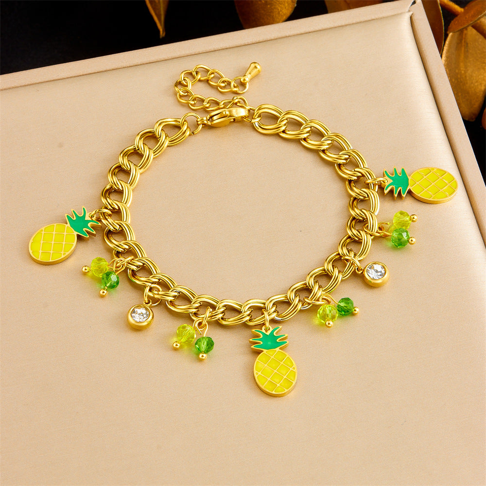Sweet Cartoon Drip Oil Plated Stainless Steel Bracelet with Lemon Avocado Watermelon Pineapple Charms
