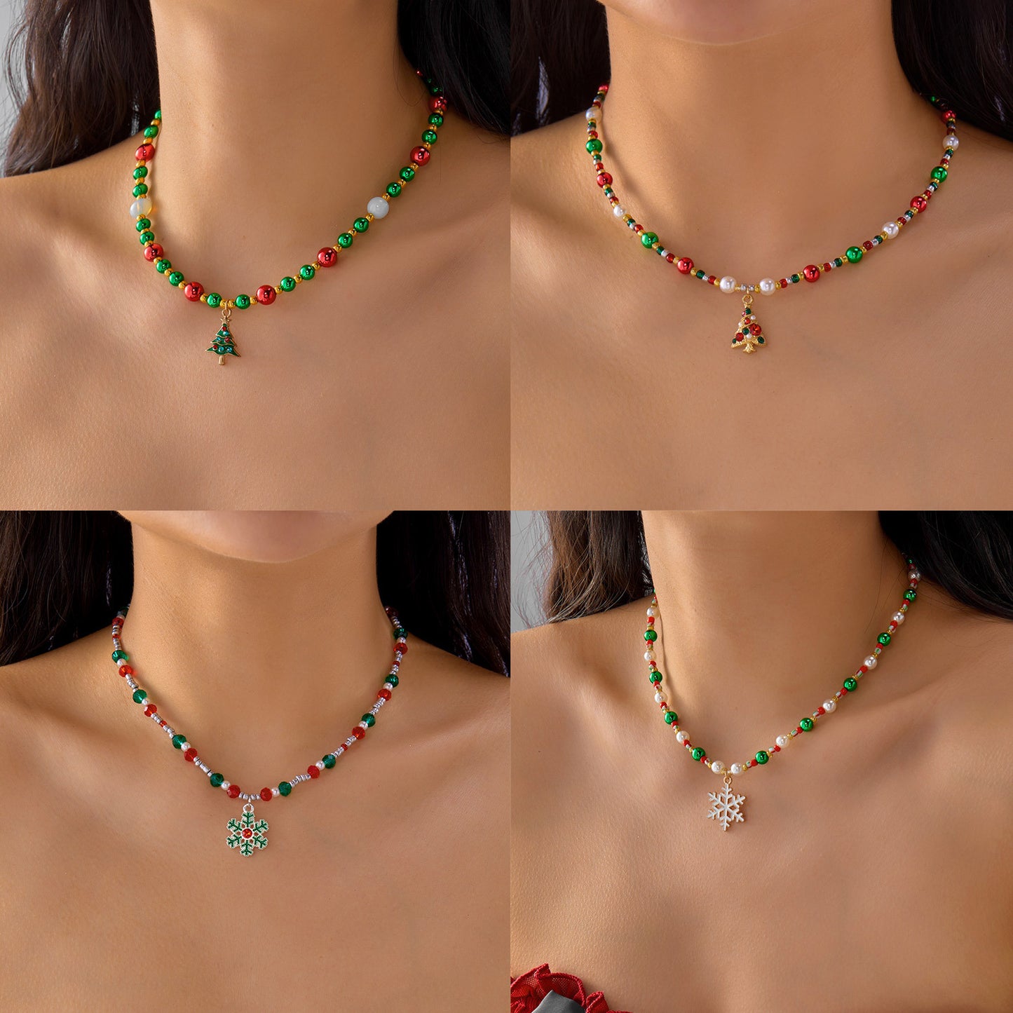 Elegante collar con colgante de árbol de Navidad de copo de nieve con cuentas de aleación y acabado chapado para la temporada navideña