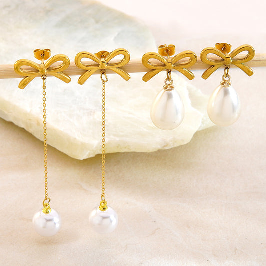 Pendientes colgantes dulces, elegantes, florales con lazo, de acero inoxidable chapado para mujer