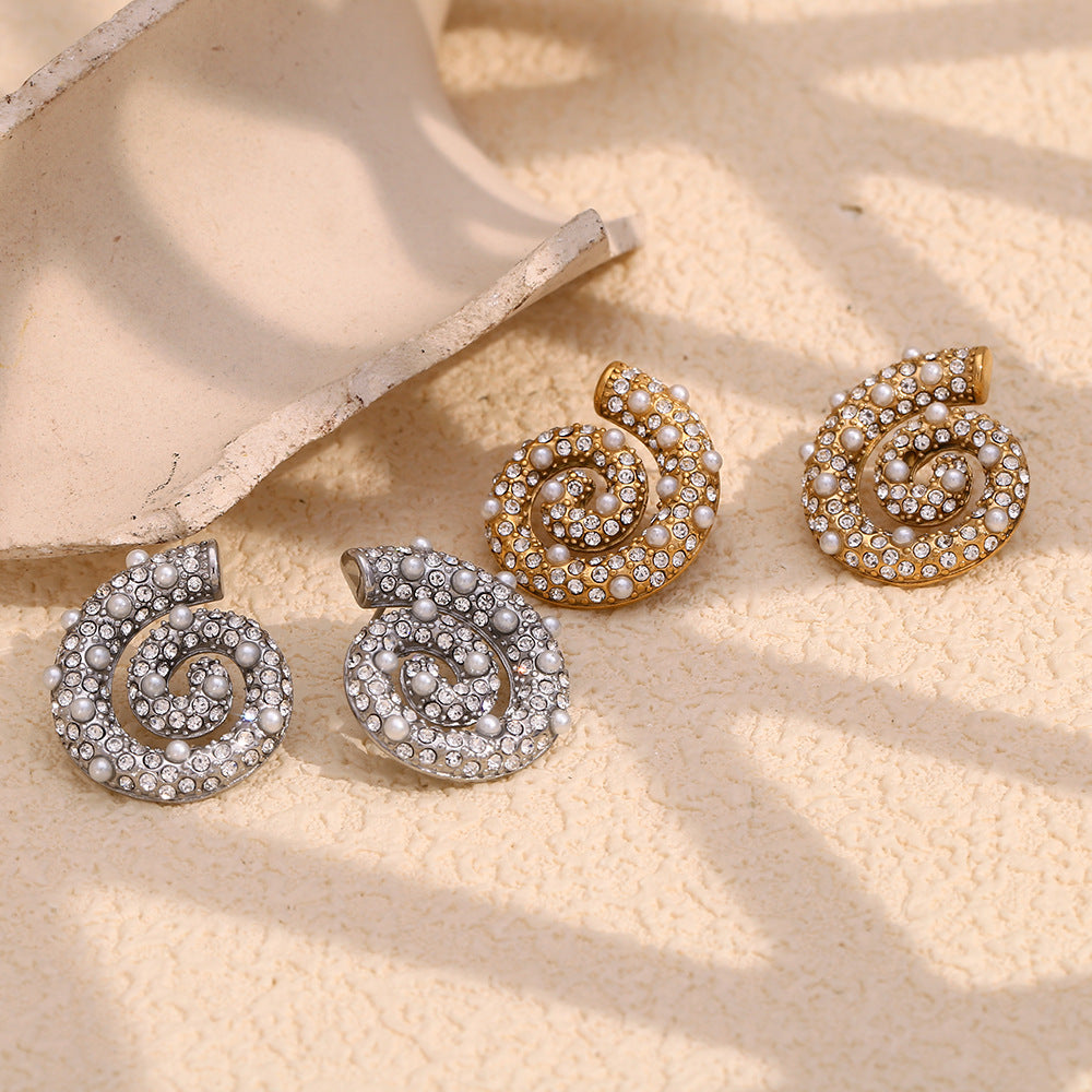 Minimalist Geometric Stainless Steel Earrings with 18K Gold Plating, Luxury Pearl and Zircon Inlay, Conch-Shaped Studs for Women