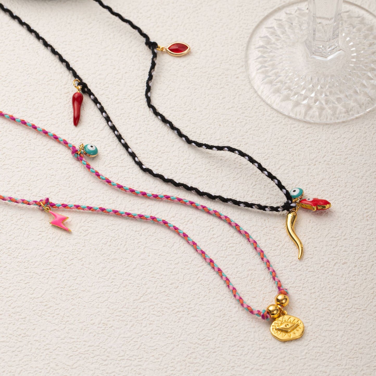 Vintage Geometric Pepper Evil Eye Pendant Necklace in Copper with Electroplating on Adjustable Cotton Cord