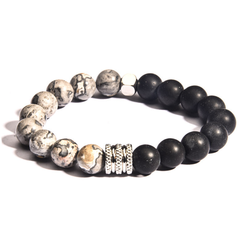 Geometric Stainless Steel Men's Bracelet with Tiger Eye Volcanic Map Stone Beads