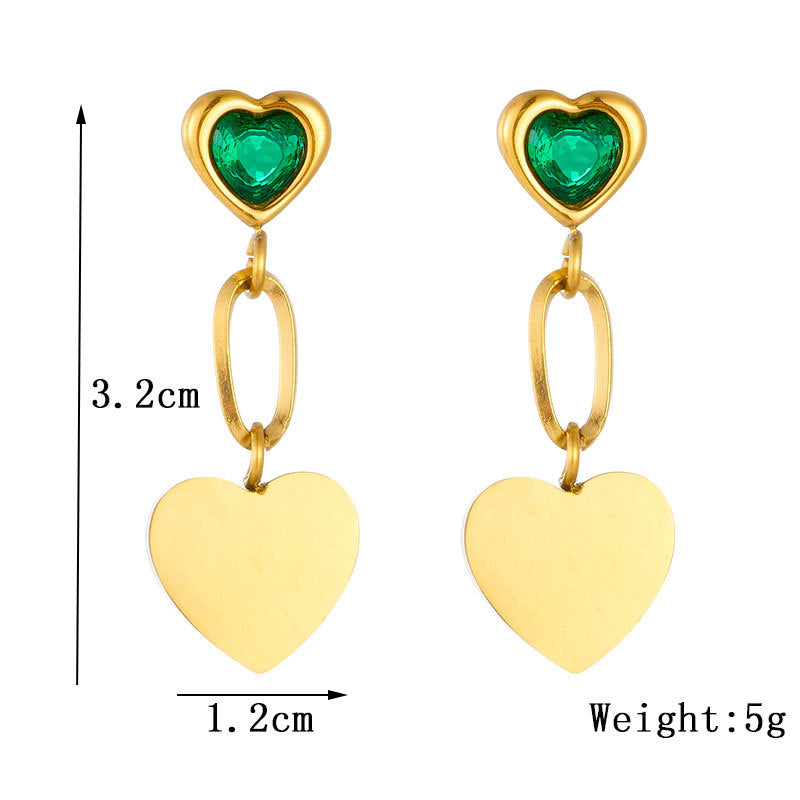 Minimalist Vintage Heart-Shaped Titanium Steel Gold-Plated Pendant Earrings with Rhinestone Inlay