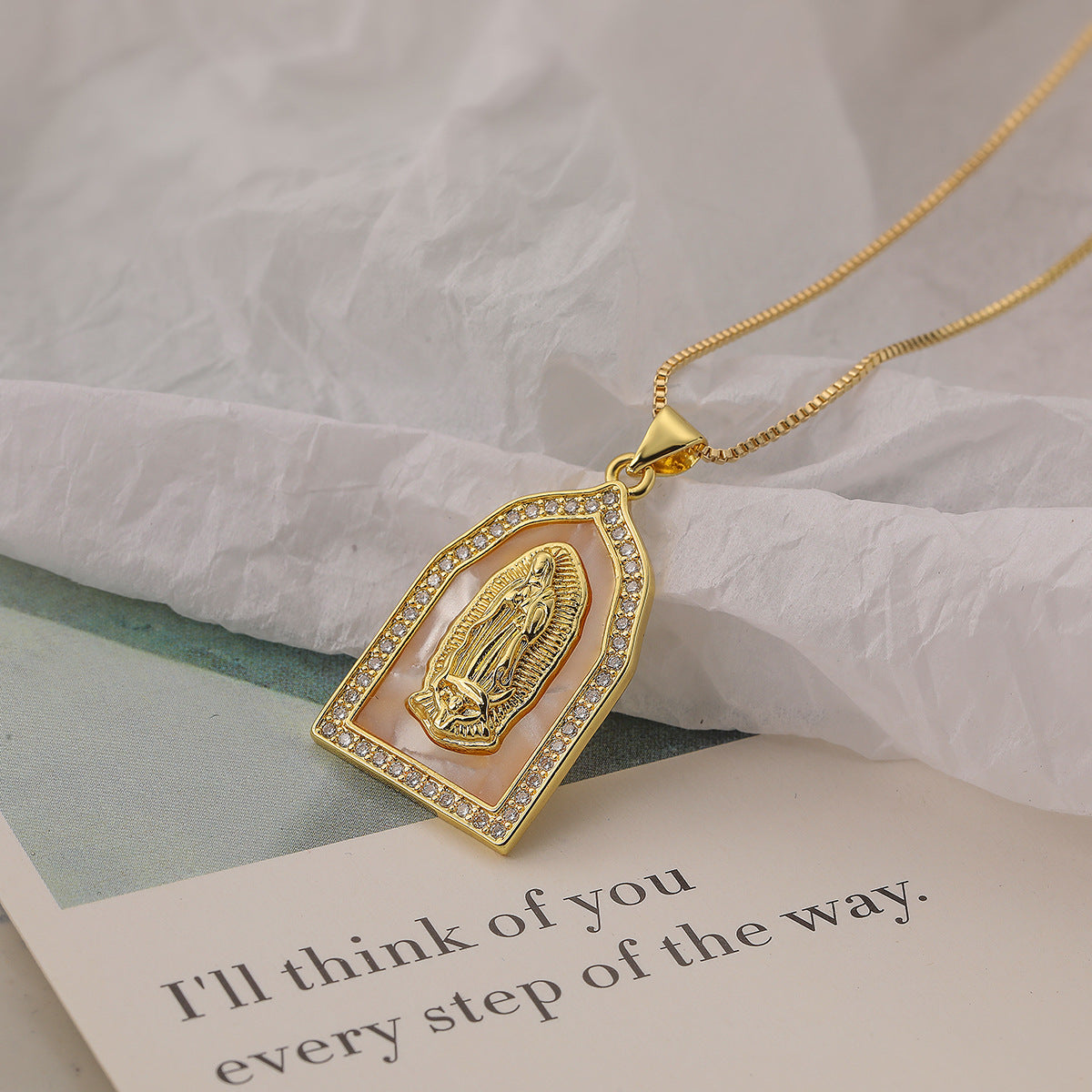 Minimalist Geometric Virgin Mary Pendant Necklace for Women with Copper Base Plated in Real Gold and Micro-Paved Zirconia